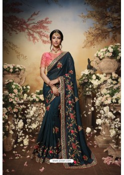 Teal Blue Partywear Vichitra Silk Designer Saree