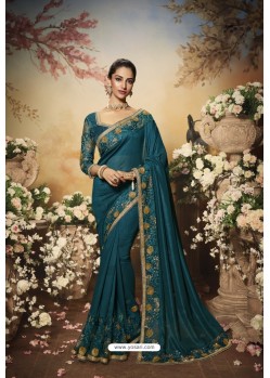 Teal Partywear Vichitra Silk Designer Saree