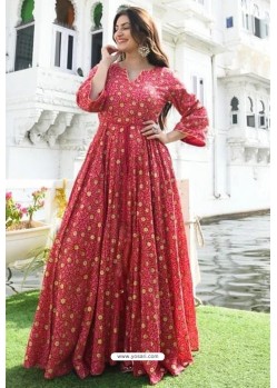 Red Designer Rayon Poly Long Gown