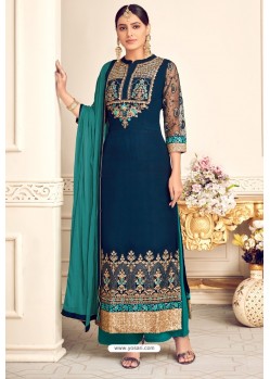 Navy And Teal Viscose Georgette Designer Straight Suit