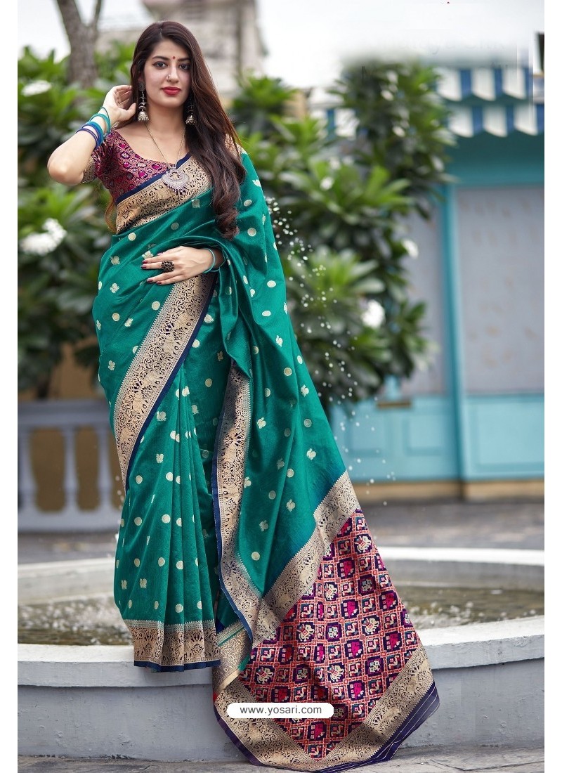 NW Teal Saree Indian Bollywood Wedding Women Designer Banrasi Handloom Silk Sari 