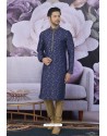 Navy Blue Jacquard Banarasi Silk Kurta Pajama