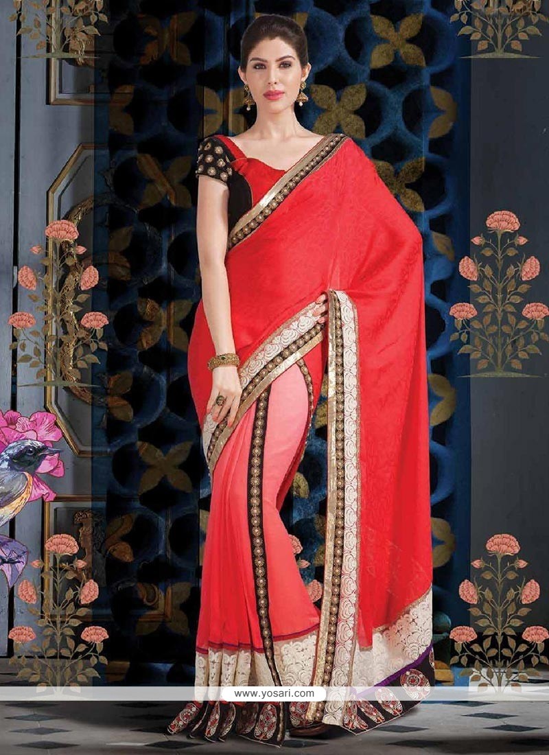 Gorgeous Mystical Red And Pink Shade Faux Georgette Saree