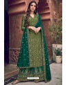 Forest Green Pure Dola Jacquard Designer Palazzo Suit