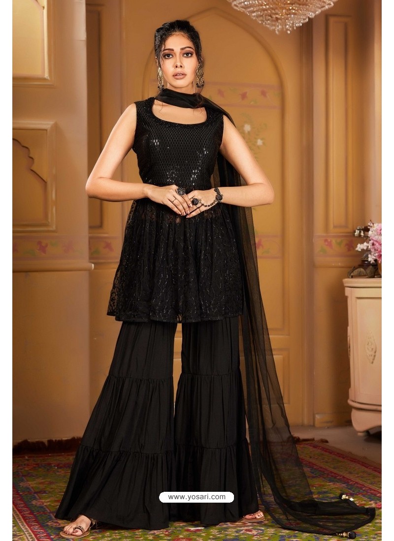 Buy Black Heavy Embroidered Designer Wedding Sharara Suit Palazzo Salwar Suits
