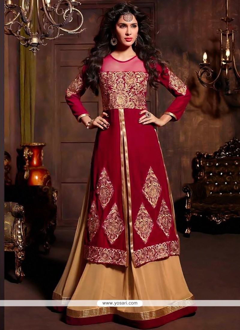 Magnificent Red And Cream Velvet Anarkali Suit
