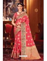 Peach Heavy Embroidered Traditional Wear Designer Silk Sari