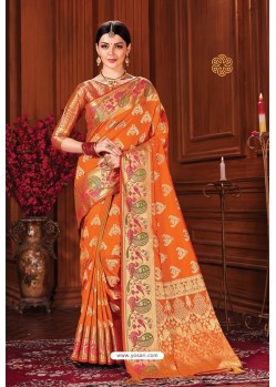 Orange Heavy Embroidered Traditional Wear Designer Silk Sari