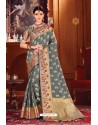 Grey Heavy Embroidered Traditional Wear Designer Silk Sari