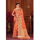 Light Orange Heavy Embroidered Traditional Wear Designer Silk Sari