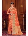 Light Orange Heavy Embroidered Traditional Wear Designer Silk Sari