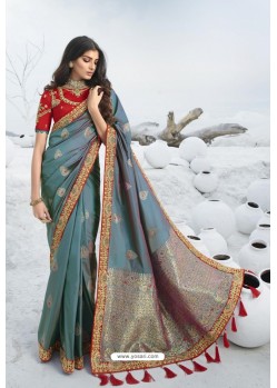 Turquoise Latest Heavy Designer Traditional Party Wear Silk Sari