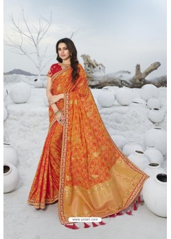 Orange Latest Heavy Designer Traditional Party Wear Silk Sari