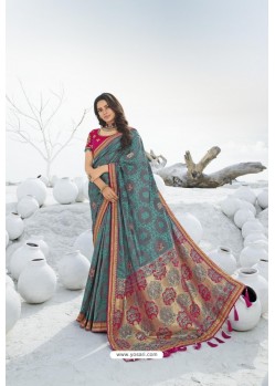 Aqua Grey Latest Heavy Designer Traditional Party Wear Silk Sari