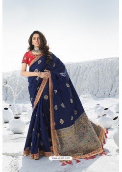 Navy Blue Latest Heavy Designer Traditional Party Wear Silk Sari