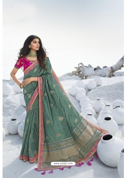 Grayish Green Latest Heavy Designer Traditional Party Wear Silk Sari