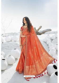 Orange Latest Heavy Designer Traditional Party Wear Silk Sari