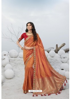 Pretty Orange Latest Heavy Designer Traditional Party Wear Silk Sari