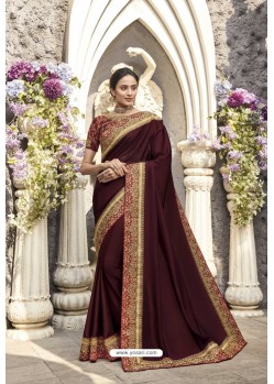 Maroon Heavy Embroidered Designer Wear Wedding Silk Sari