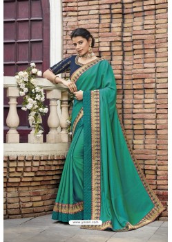 Jade Green Heavy Embroidered Designer Wear Wedding Silk Sari