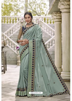 Aqua Grey Heavy Embroidered Designer Wear Wedding Silk Sari