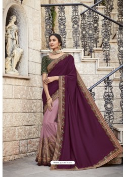 Deep Wine Heavy Embroidered Designer Wear Wedding Silk Sari