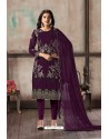 Purple Designer Embroidered Faux Georgette Straight Salwar Suit