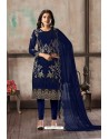 Dark Blue Designer Embroidered Faux Georgette Straight Salwar Suit
