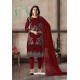 Maroon Designer Embroidered Faux Georgette Straight Salwar Suit