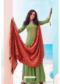 Green Party Wear Designer Pure Viscose Maslin Palazzo Suit