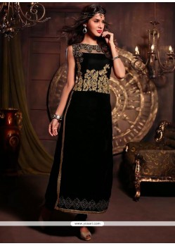 Lustrous Black Velvet Churidar Salwar Suit