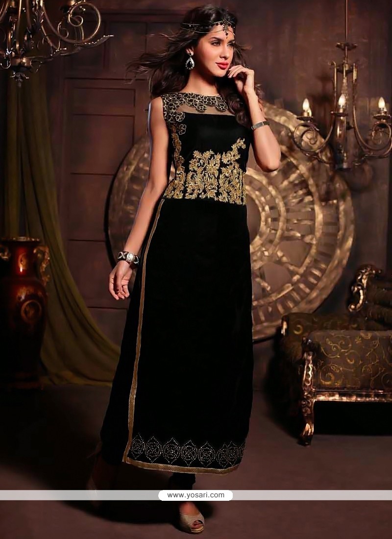Lustrous Black Velvet Churidar Salwar Suit