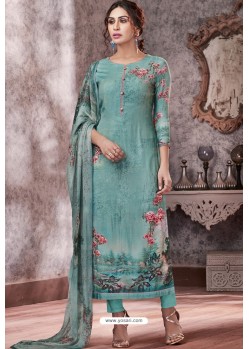 Turquoise Designer Casual Wear Pashmina Palazzo Salwar Suit