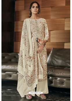 Printed Off White Designer Casual Wear Pashmina Palazzo Salwar Suit