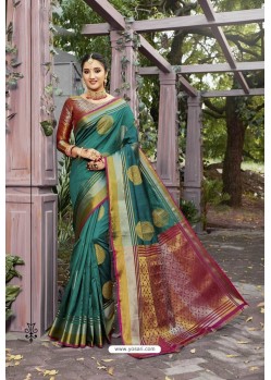 Dark Green Heavy Embroidered Classic Designer Banarasi Silk Sari