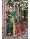 Dark Green Heavy Embroidered Classic Designer Banarasi Silk Sari