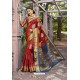 Red Heavy Embroidered Classic Designer Banarasi Silk Sari