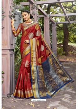 Red Heavy Embroidered Classic Designer Banarasi Silk Sari