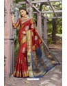 Red Heavy Embroidered Classic Designer Banarasi Silk Sari