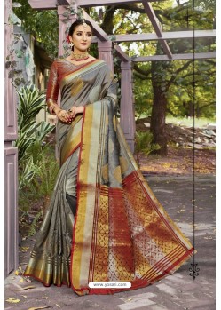 Silver Heavy Embroidered Classic Designer Banarasi Silk Sari