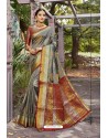 Silver Heavy Embroidered Classic Designer Banarasi Silk Sari