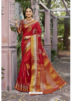 Tomato Red Heavy Embroidered Classic Designer Banarasi Silk Sari