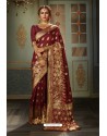 Maroon Heavy Embroidered Classic Designer Banarasi Silk Sari