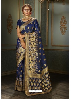 Dark Blue Heavy Embroidered Classic Designer Banarasi Silk Sari