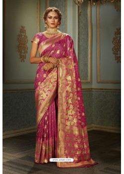 Hot Pink Heavy Embroidered Classic Designer Banarasi Silk Sari