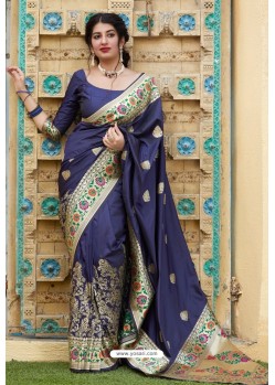 Navy Blue Designer Soft Silk Classic Wear Soft Silk Sari