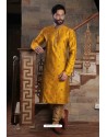 Yellow Readymade Slub Silk Designer Kurta Pajama For Men
