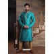 Turquoise Readymade Slub Silk Designer Kurta Pajama For Men