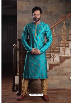 Turquoise Readymade Slub Silk Designer Kurta Pajama For Men