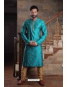 Turquoise Readymade Slub Silk Designer Kurta Pajama For Men